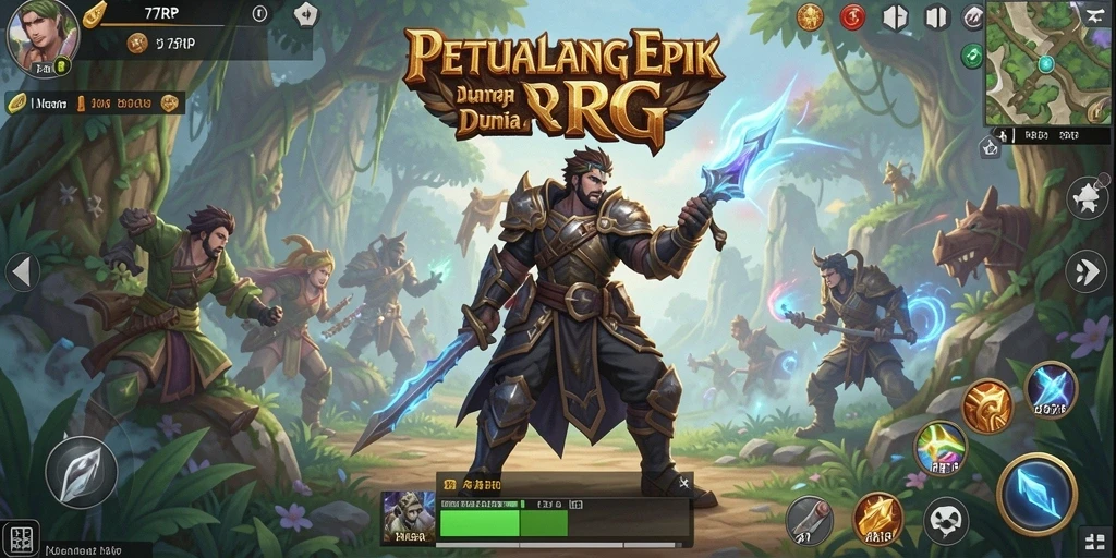 Tampilan permainan 77RP dengan karakter dan pertempuran yang epik.