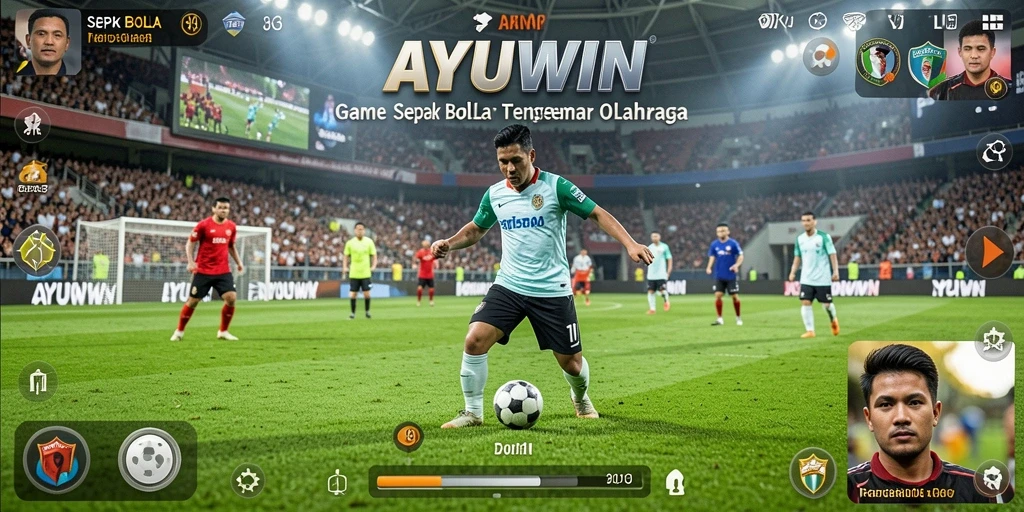 Tangkapan layar utama AYUWIN menampilkan aksi pertandingan sepak bola yang mendebarkan.