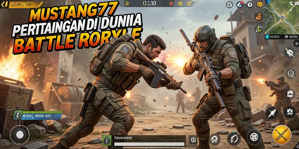 Screenshot gameplay MUSTANG77 menampilkan pertempuran seru dalam arena Battle Royale.
