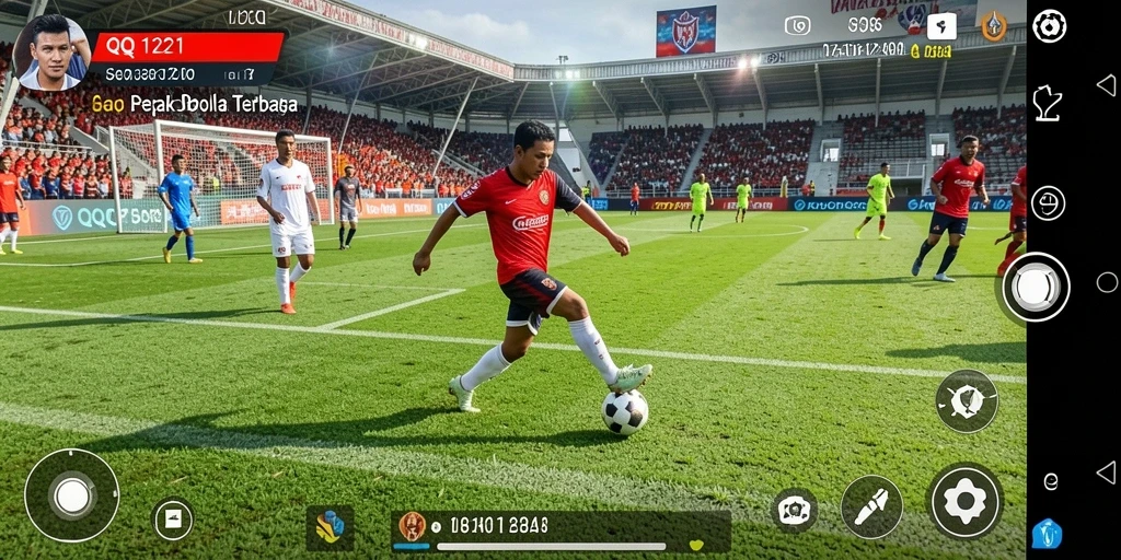 Screenshot utama QQ1221 menampilkan momen seru gameplay sepak bola yang dinamis.