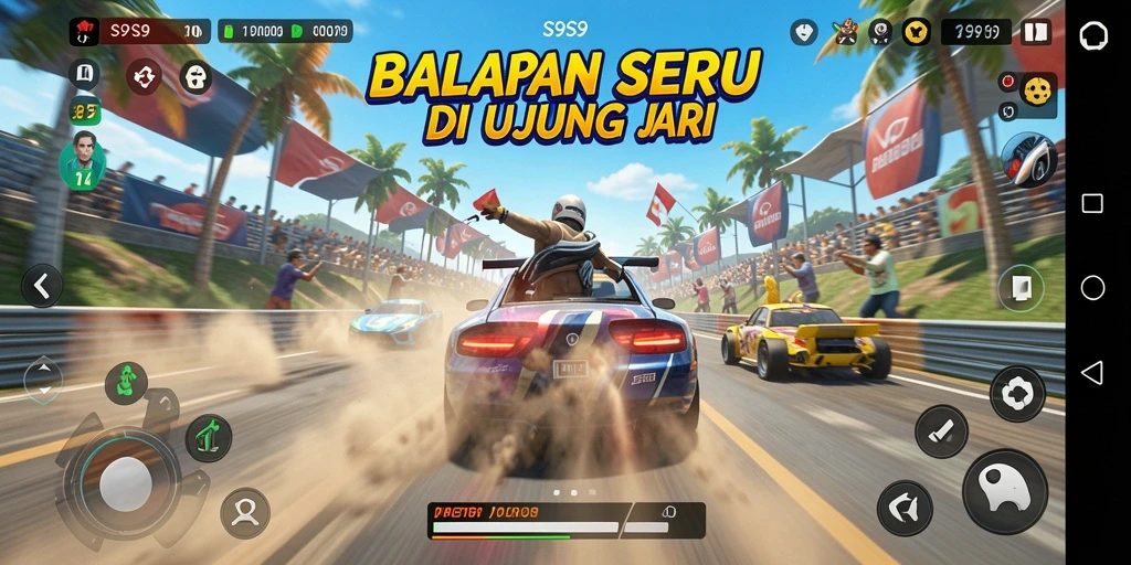 Screenshot gameplay S9S9 menampilkan kendaraan kecepatan tinggi di trek balapan yang menantang.