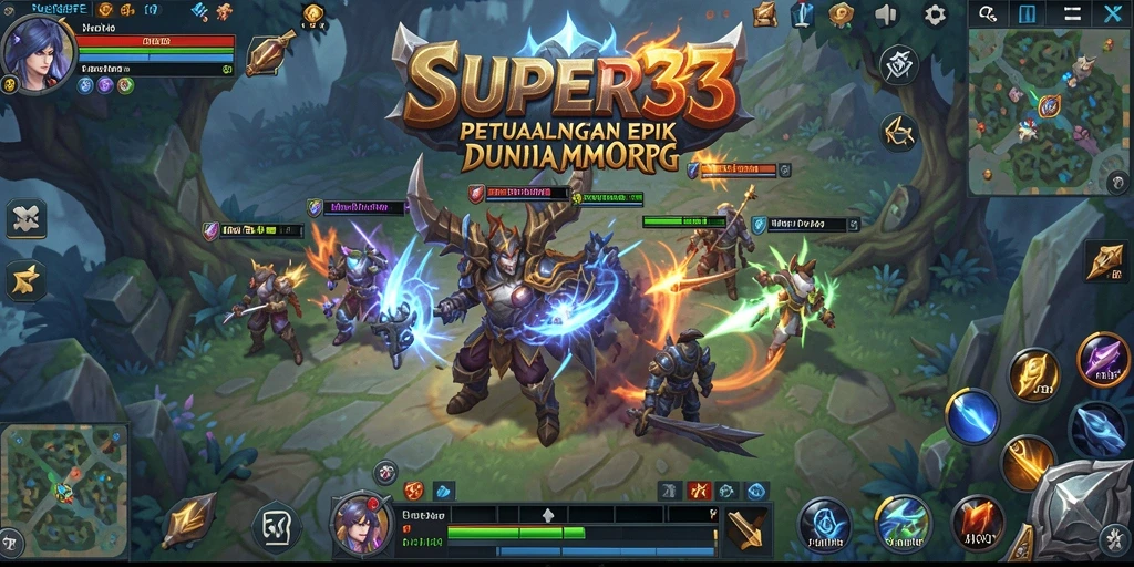 Screenshot utama dari gameplay SUPER33 menampilkan pertarungan epik dalam dunia MMORPG.